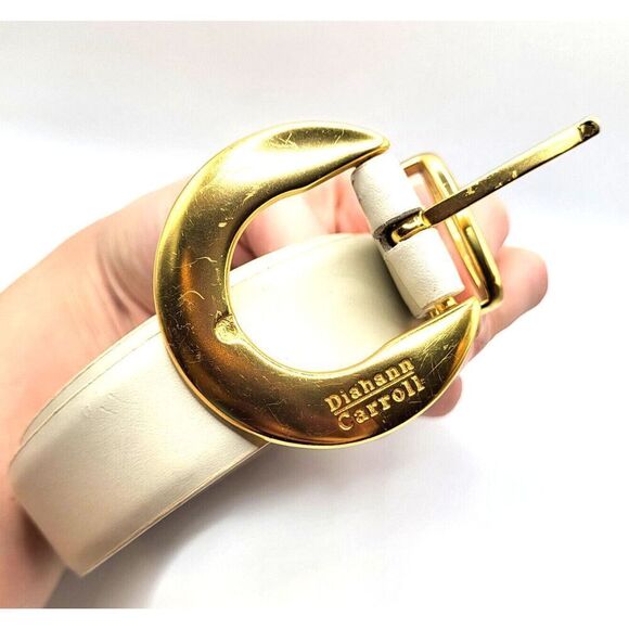 Diahann Carroll Bonded Leather White Belt Gold Buckle Size XL